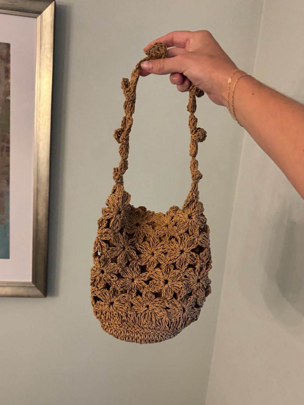 Handwoven Floral Crochet Mini Bag - tan